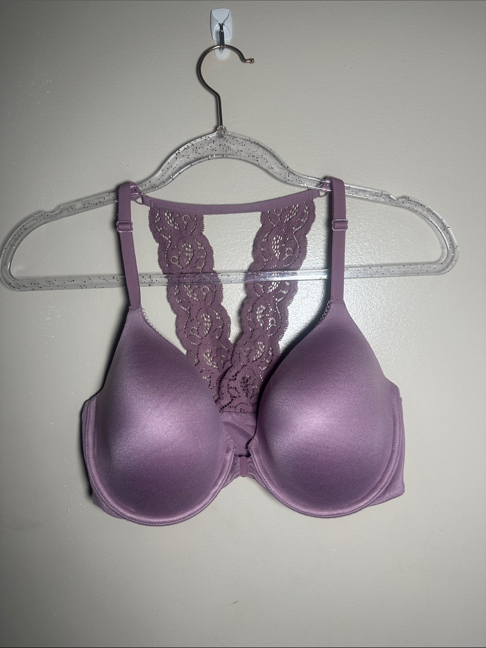 Victorias Secret 34DD Purple Front Clasp Lace Racerback Bra